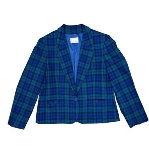 Pendleton Vintage 90s Dark Academia Women Blazer Plaid Blue Green Virgin Wool